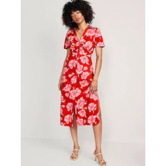 New NWT Plus 3X floral red midi dress cut outs Button up front shirt dress - Picture 1 of 6
